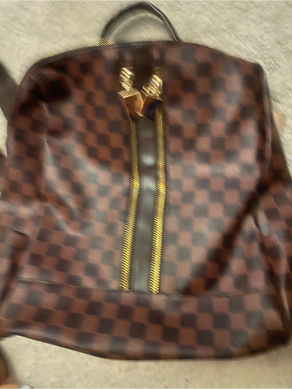 Brown Checkered Backpack with Gold Hardware